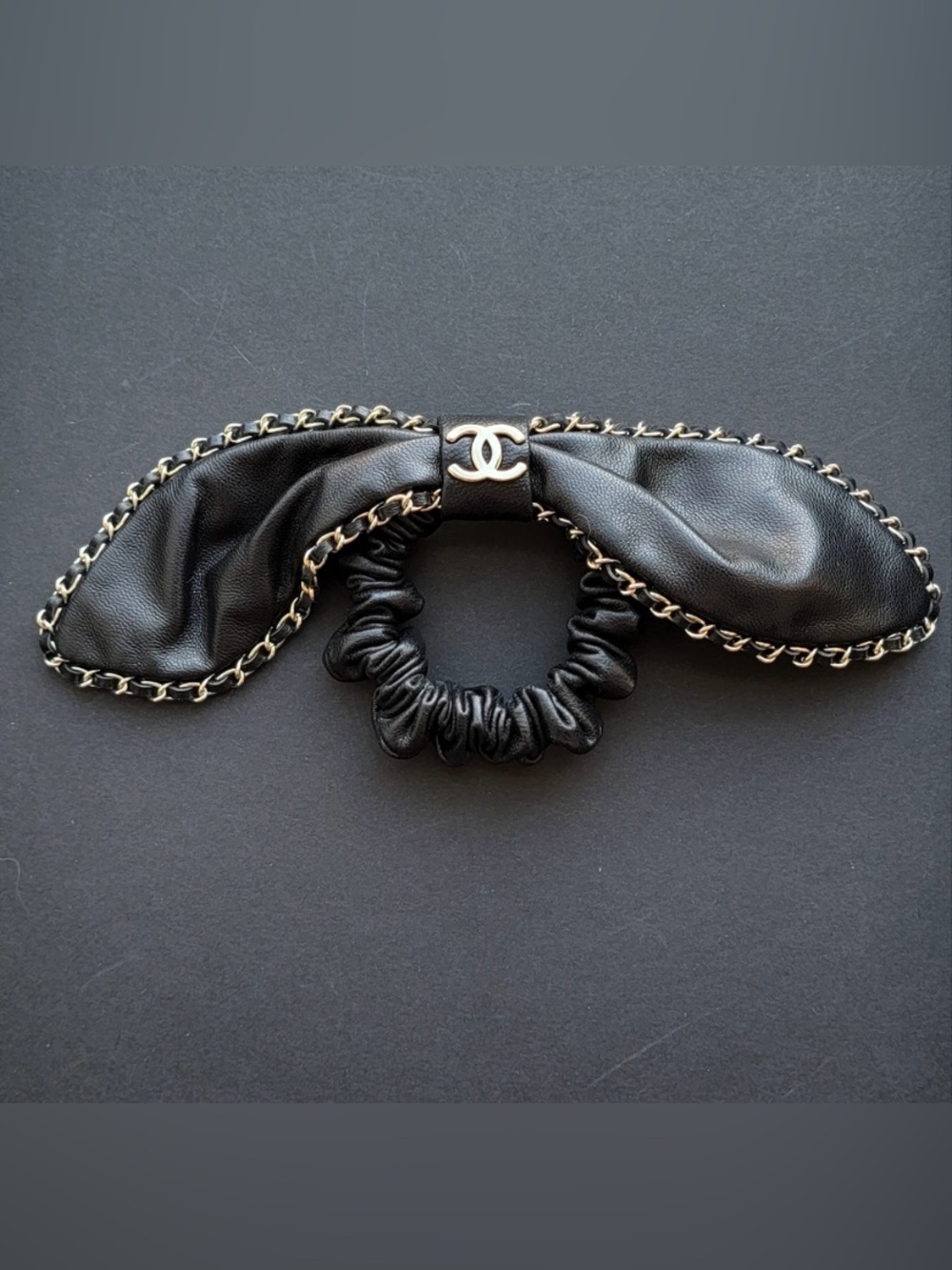 ChaneI Black and Gold-Tone CC Chain Bow Scrunchie Lambskin 90s Vibe